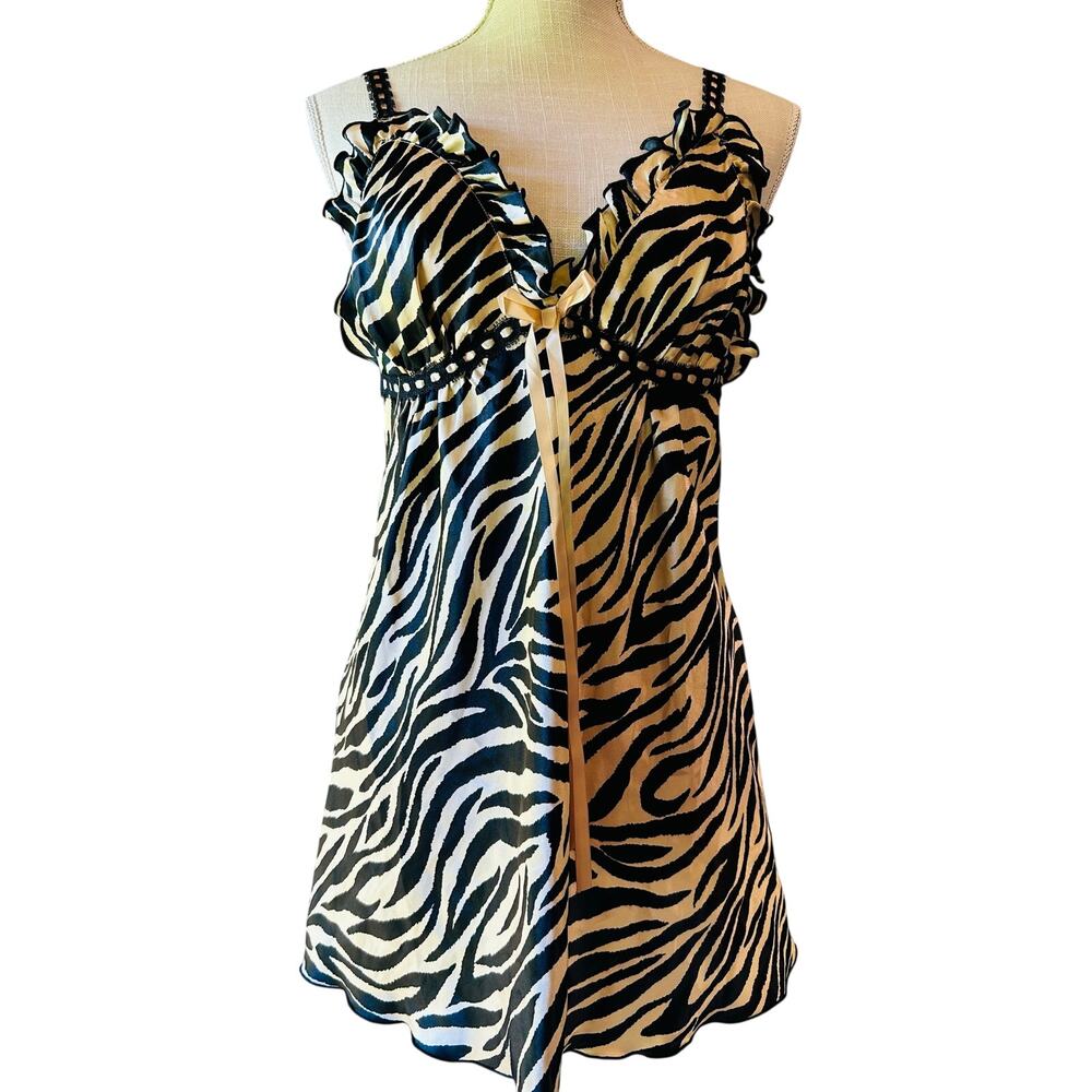 Seductive Wear Zebra Print Lingerie Set w/ Matching Robe Size M Satin Babydoll - Picture 2 of 12
